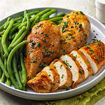 Oven baked boneless chicken breast made with paprika and parsley, green beans. Healthy eating concept.
