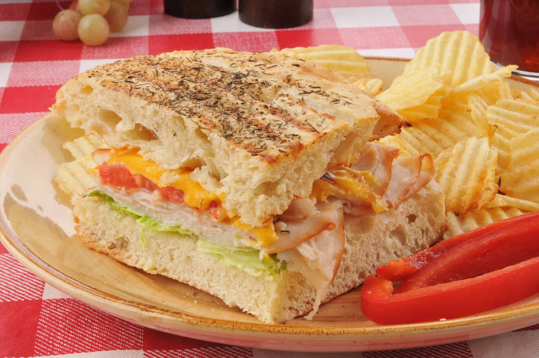 A ham and cheese panini on a picnic table with pototo chips