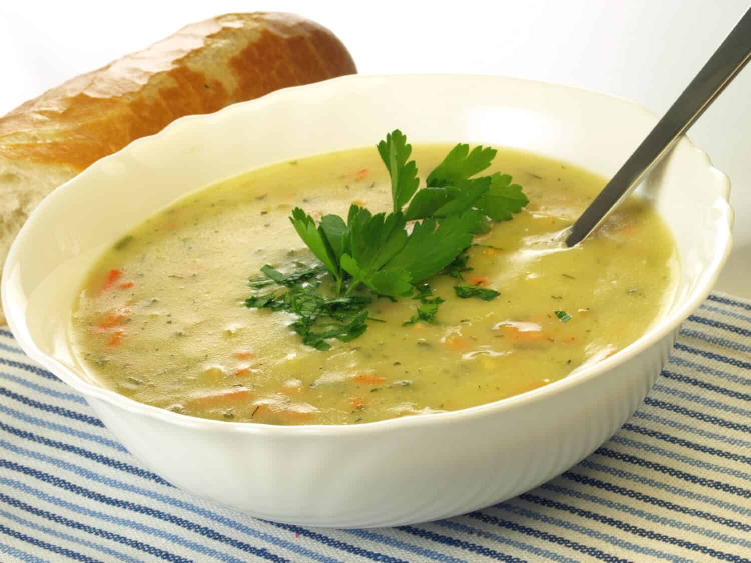 Plate of vegetable soup on isolated background