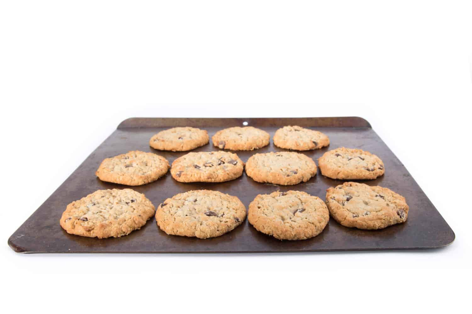 close up of freshly baked oatmeal raisin cookies on a baking cookie sheet isolated on white