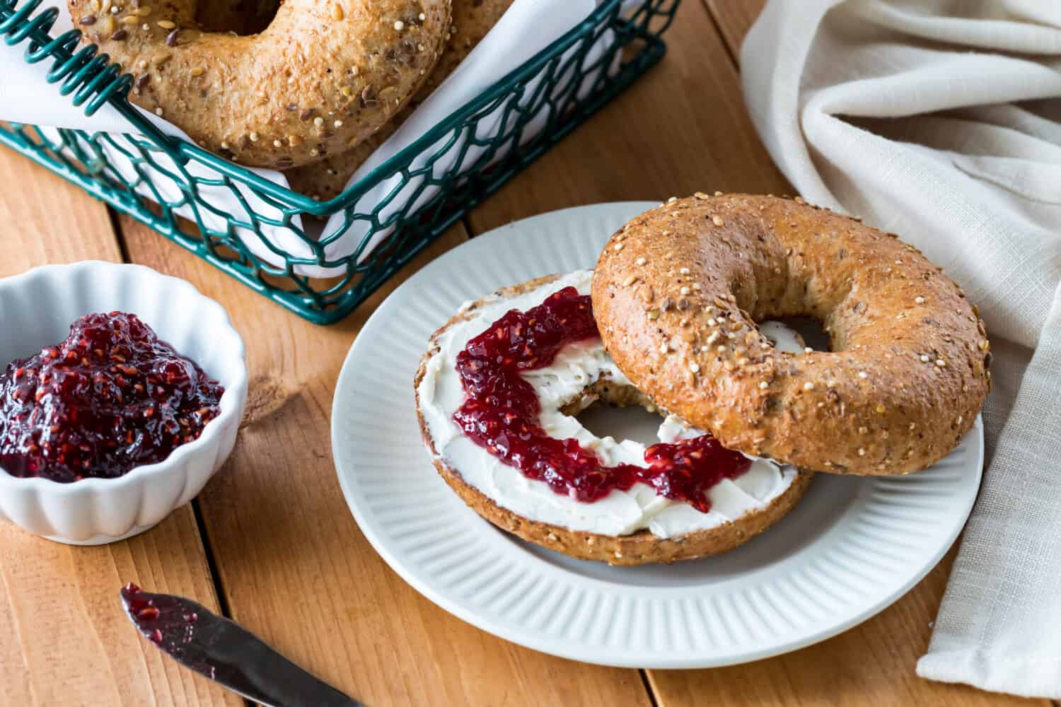 Multigrain bagel and cream cheese.