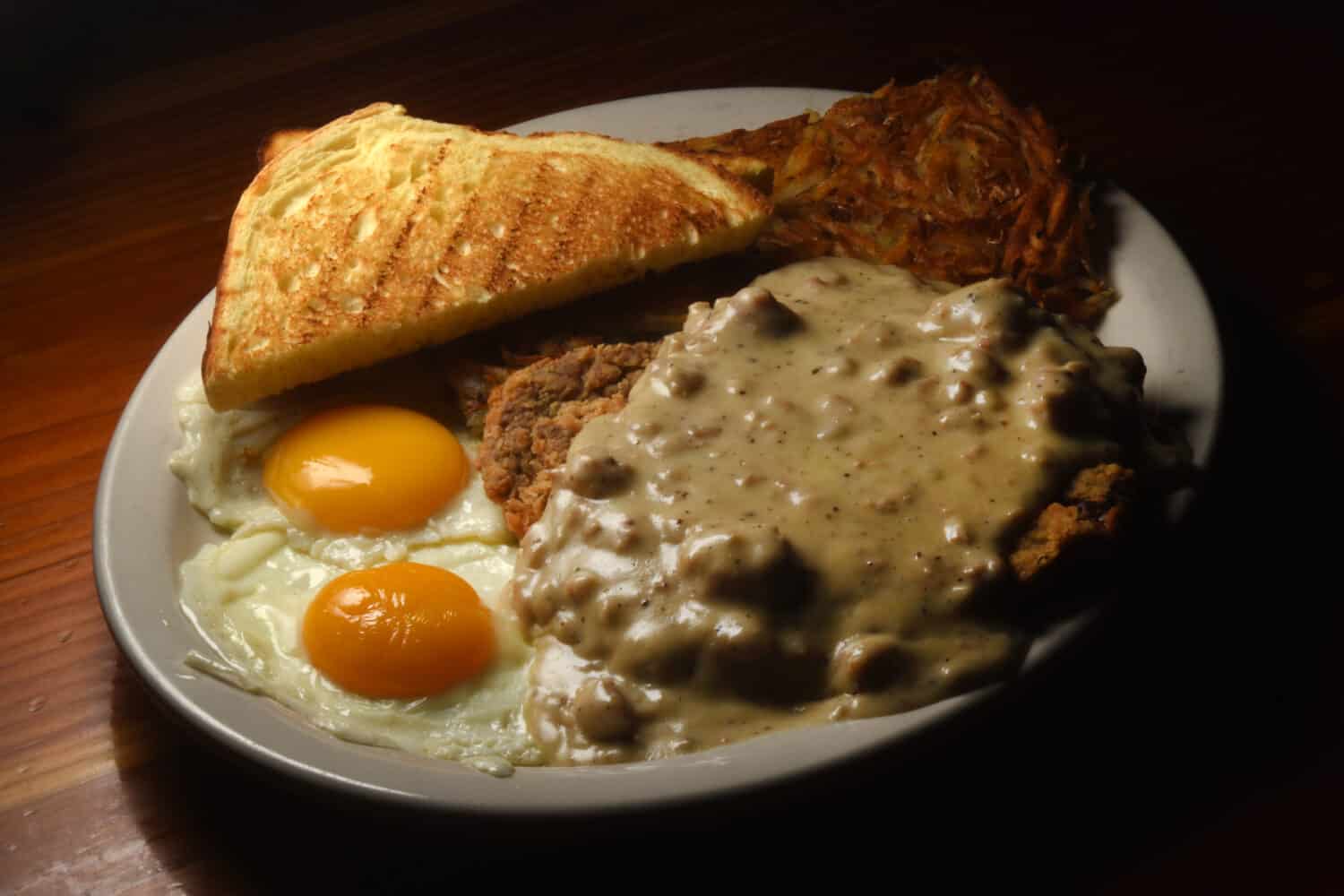 Country-fried Steak and Eggs with Hash-browns Horizontal and Isolated