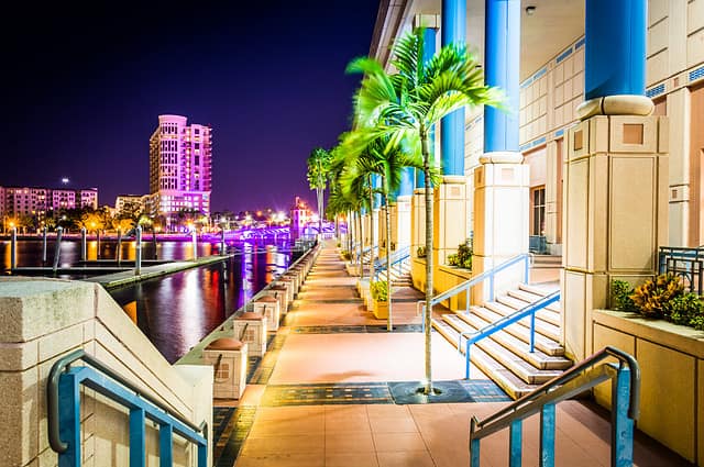 The Convention Center and Riverwalk at night in Tampa, Florida.