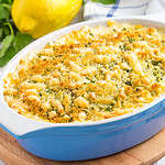 Casserole with crispy crumble, potato gratin, baked meat butter cheese dish, delicious homemade dinner