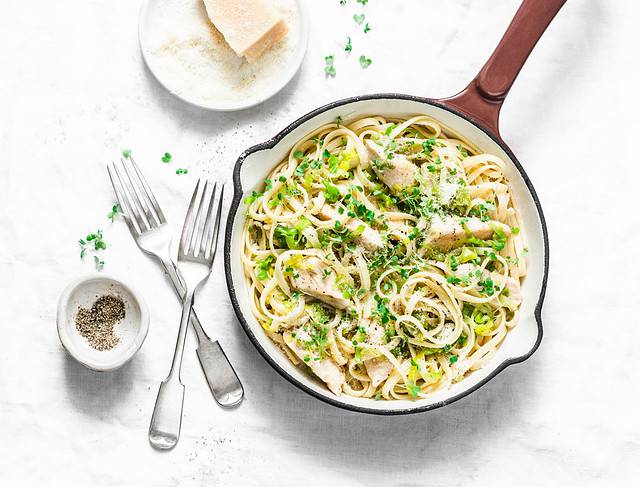 Chicken, leek, linguine pasta carbonara