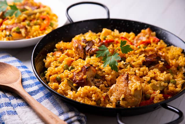 Paella cooked with vegetables and chicken