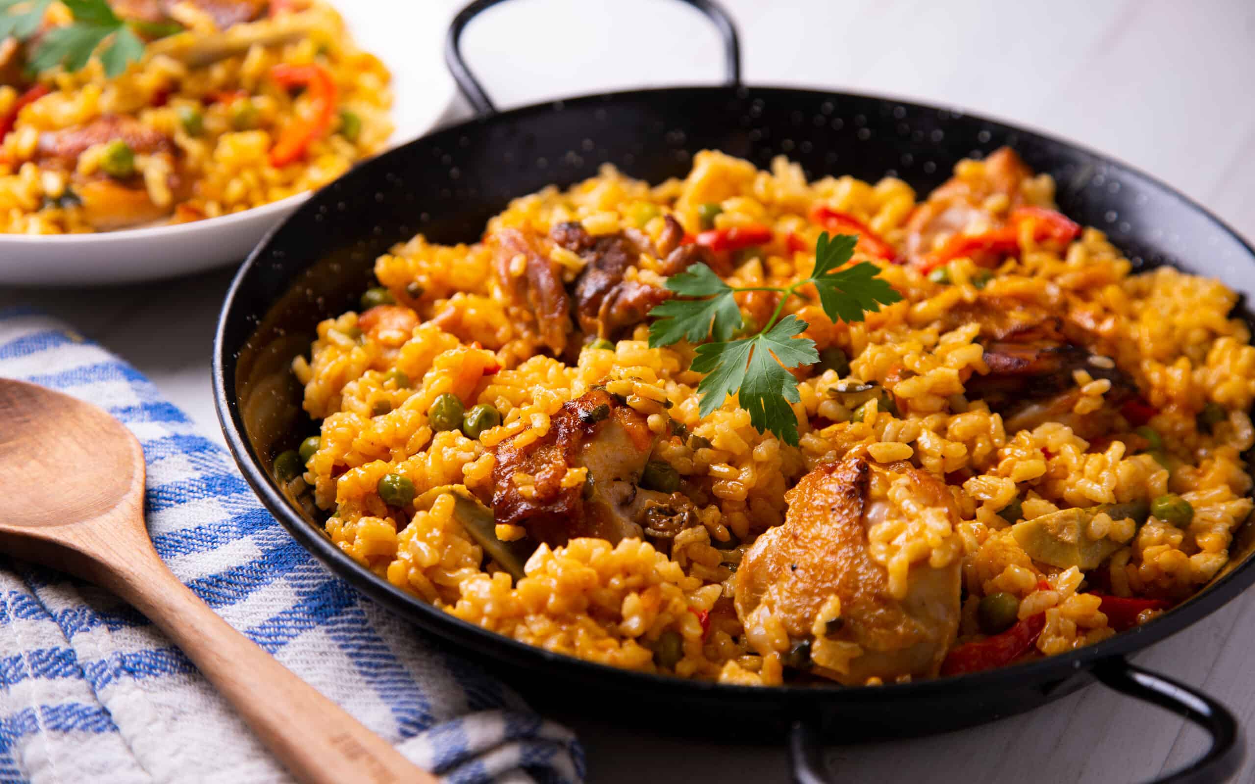 Paella cooked with vegetables and chicken