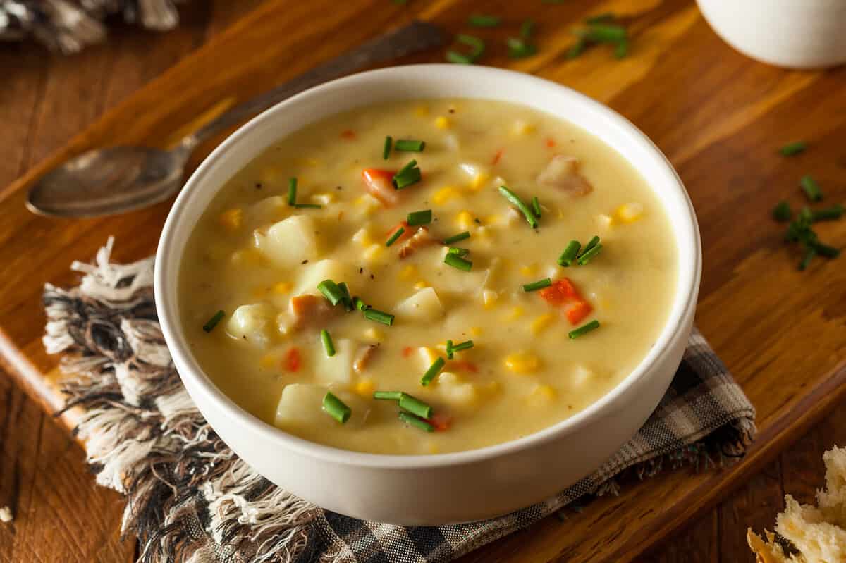 Hot Homemade Corn Chowder in a Bowl