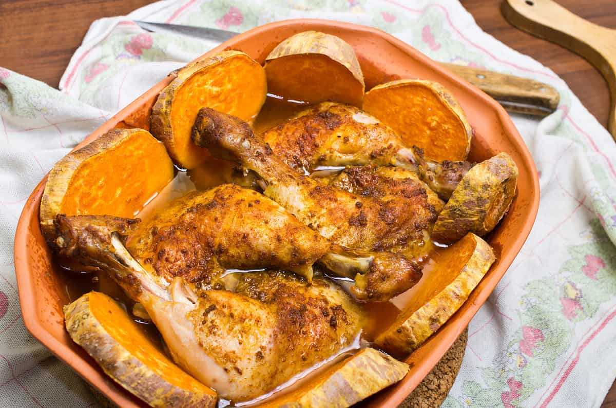 chicken, potato, sweet, roman, pot, baked, food, cooking, meat, healthy, diet, vegetable