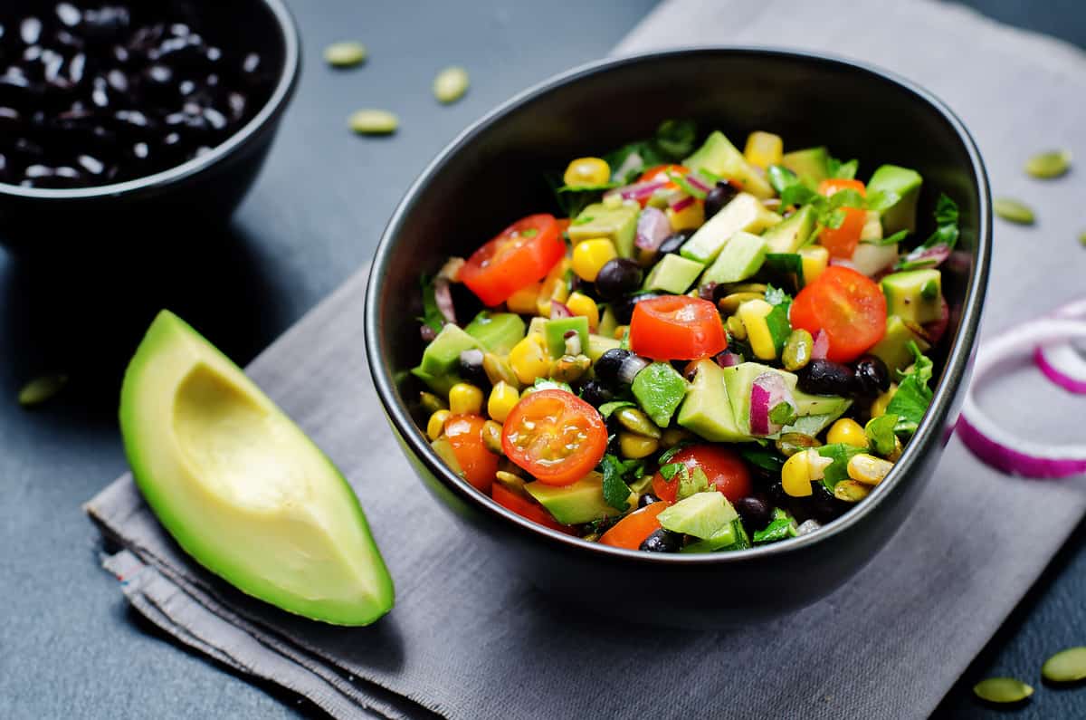 Black beans corn avocado red onion tomato salad