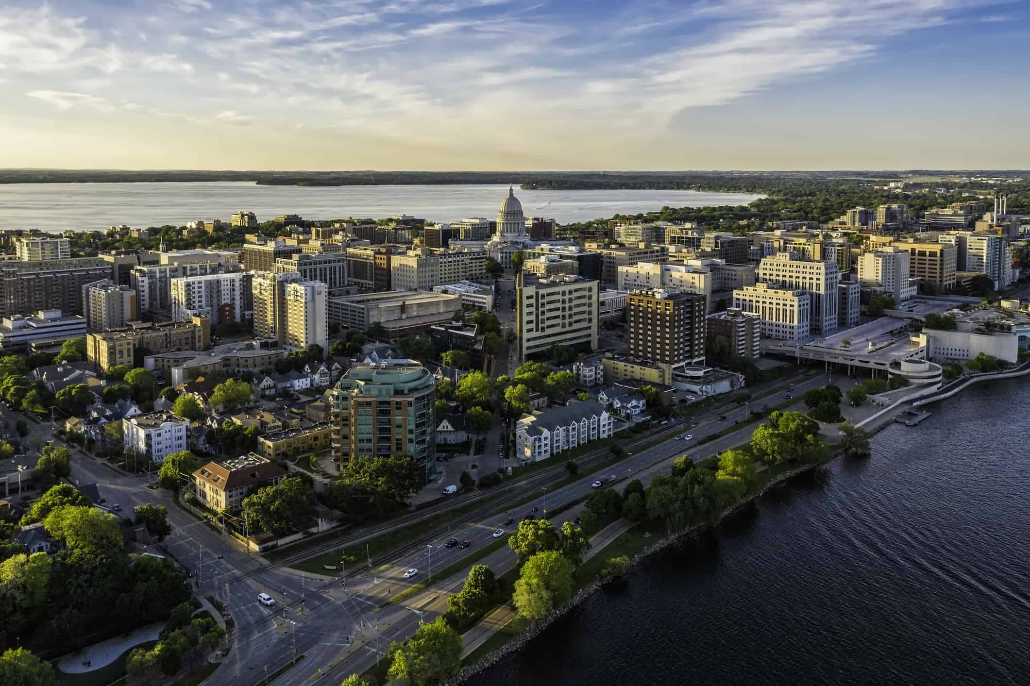 Aerial view of Madison city downtown at sunset, Wisconsin