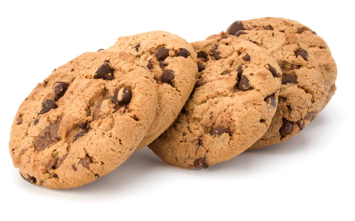 Chocolate chip cookies isolated on white background. Sweet biscuits. Homemade pastry.