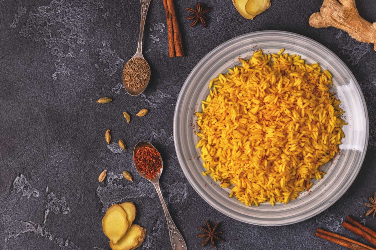 Saffron rice with spices. Top view, copy space.