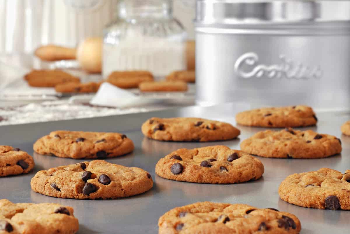 Baking still life of freshly baked chocolate chips cookies on non-stick cookie sheet with canisters, cooling rack and baking supplies in background. Closeup with shallow dof.