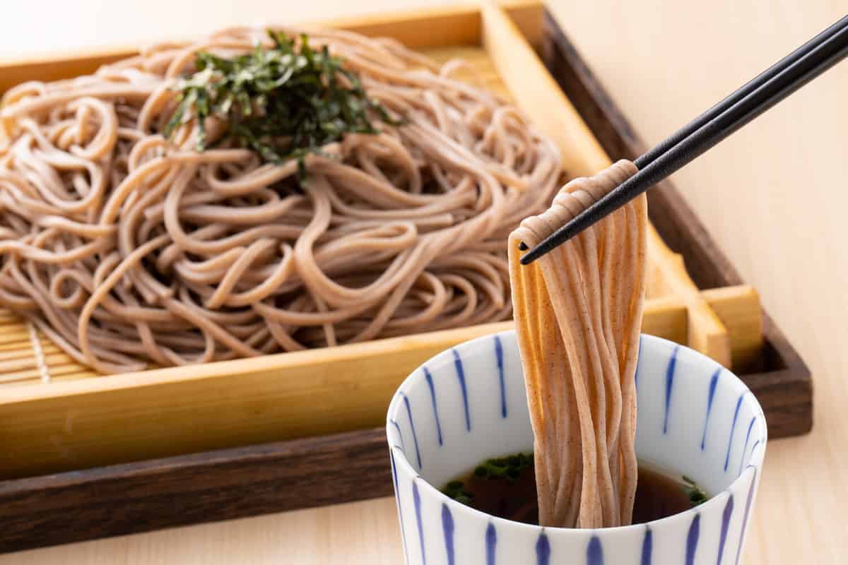 Eating soba noodles at a Japanese soba noodle shop