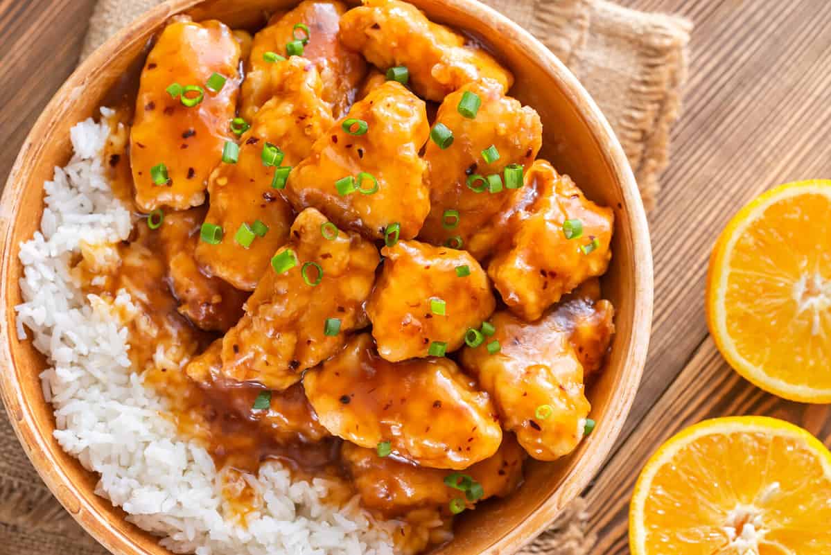 Bowl of orange chicken with white rice