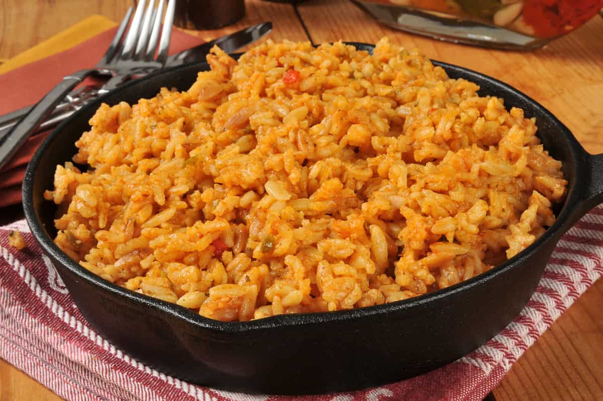 Spanish rice in a cast iron skillet