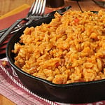 Spanish rice in a cast iron skillet