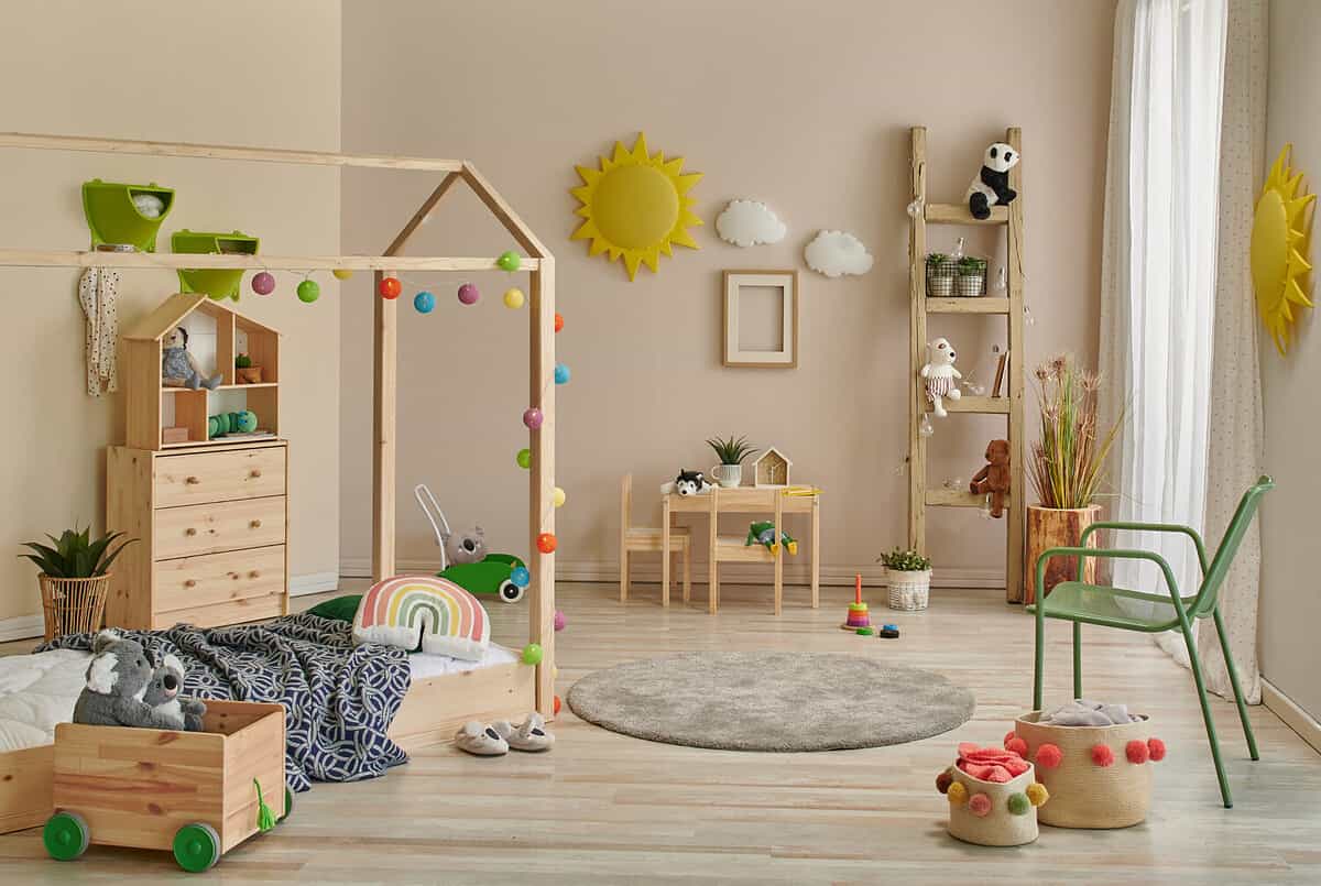 Young decoration room, wooden Montessori and cabinet, carpet table and chair concept.