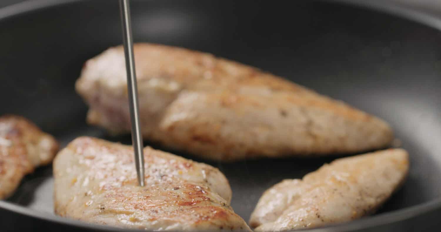 check temp of chicken fillet frying on non-stick pan