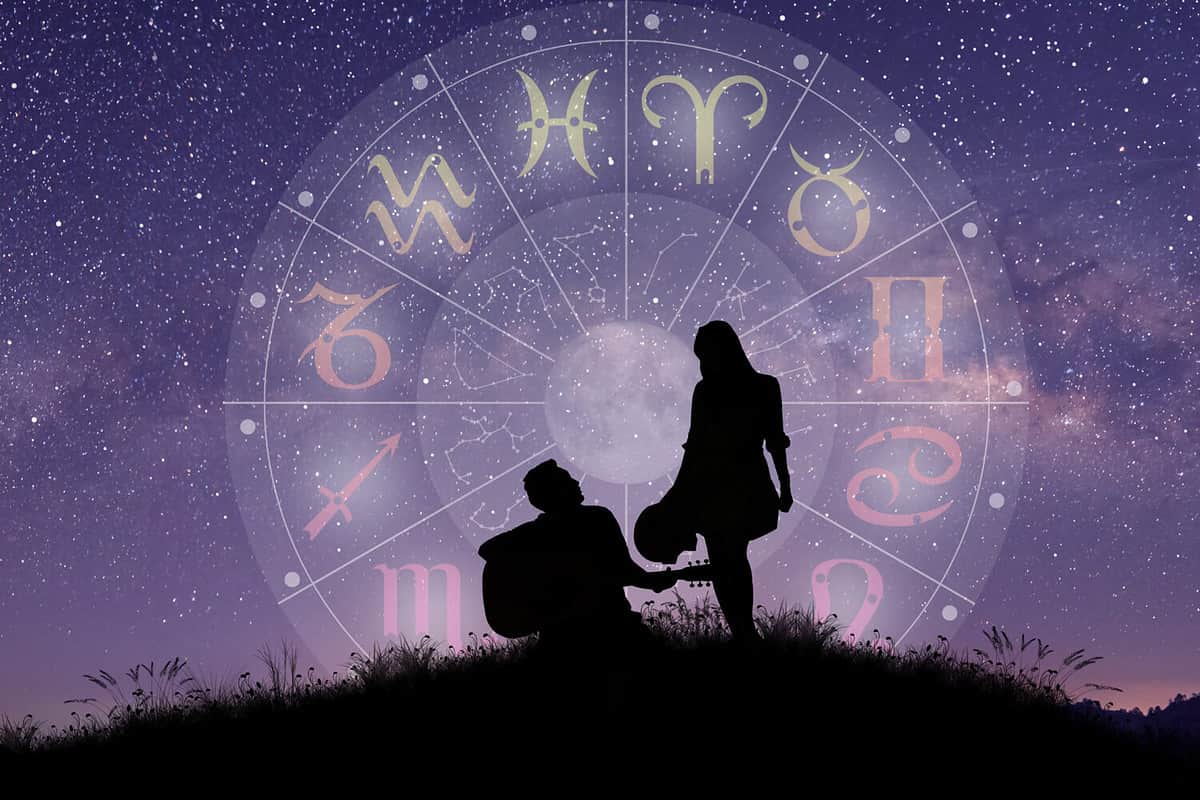 Astrological zodiac signs inside of horoscope circle. Couple singing and dancing over the zodiac wheel and milky way background. The power of the universe concept.
