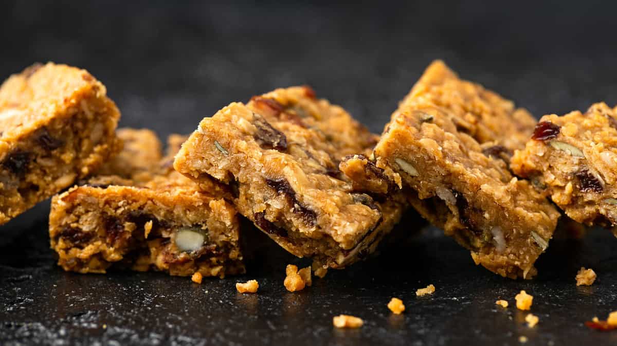 Healthy protein granola flapjack snack bars with seeds and nuts