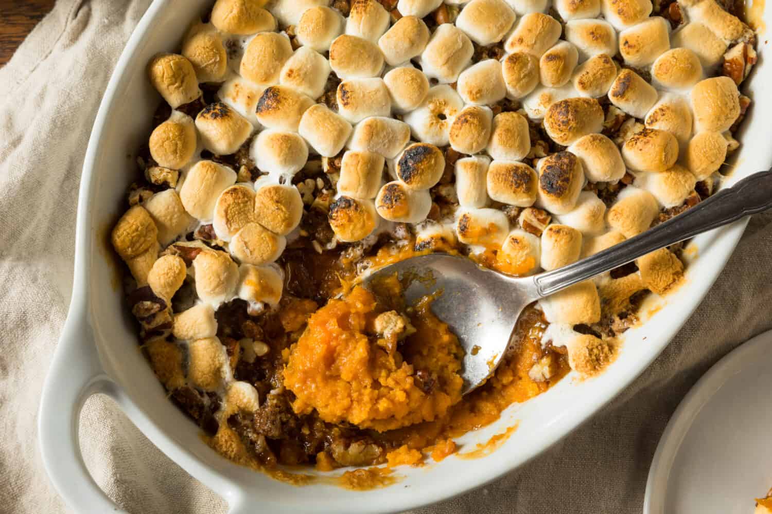 Homemade Sweet Potato Casserole with Pecans and Marshmallows