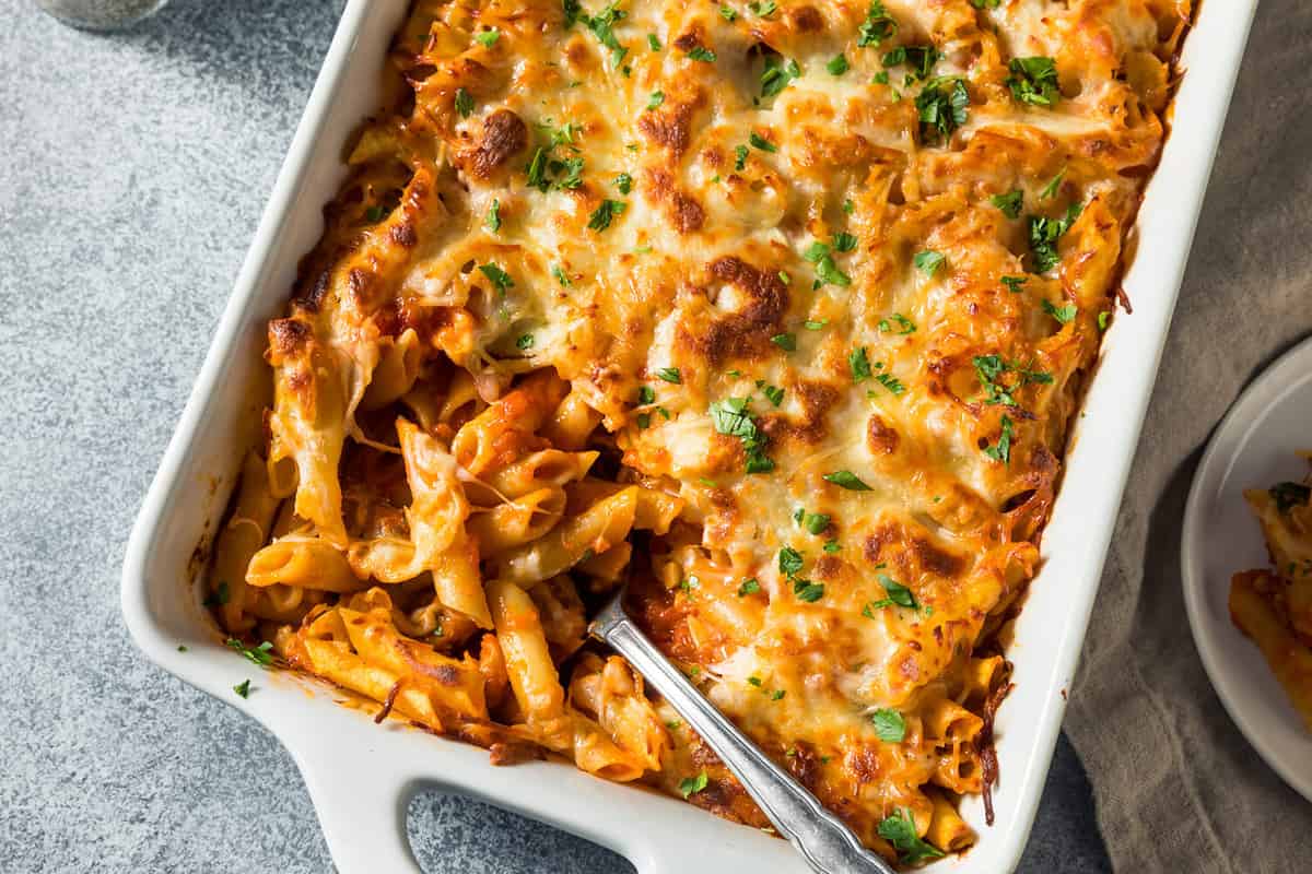 Homemade Chicago Baked Mostaccioli with Sauce and Cheese