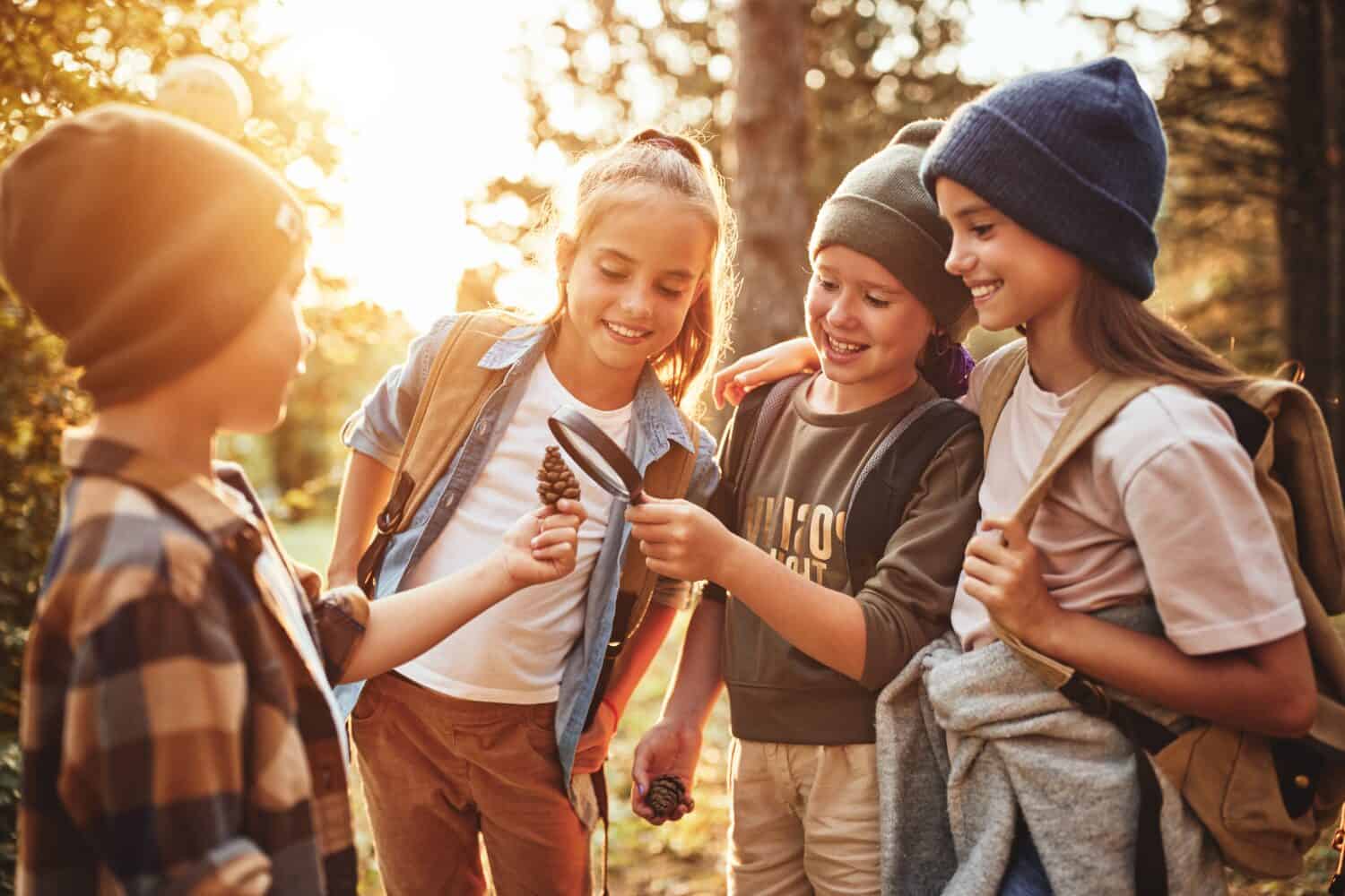 Group of curious happy school kids in casual clothes with backpacks exploring nature and forest together on sunny autumn day, girl holding magnifying glass and looking at fir cone in boys hands