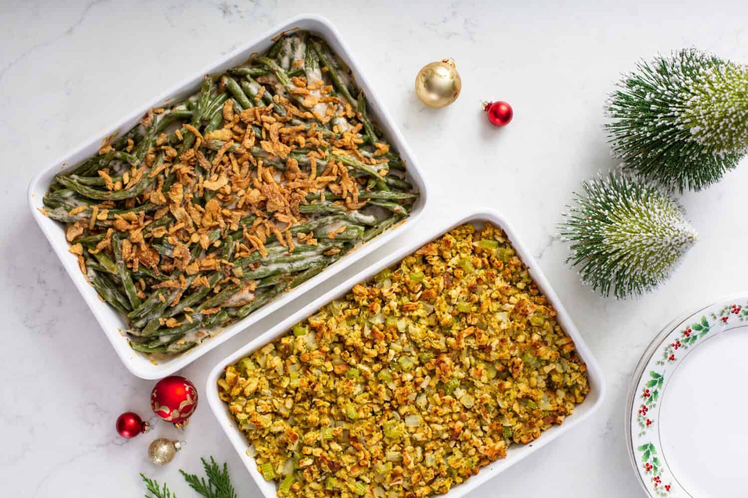 Christmas dinner side dishes including greean beans casserole and homemade stuffing