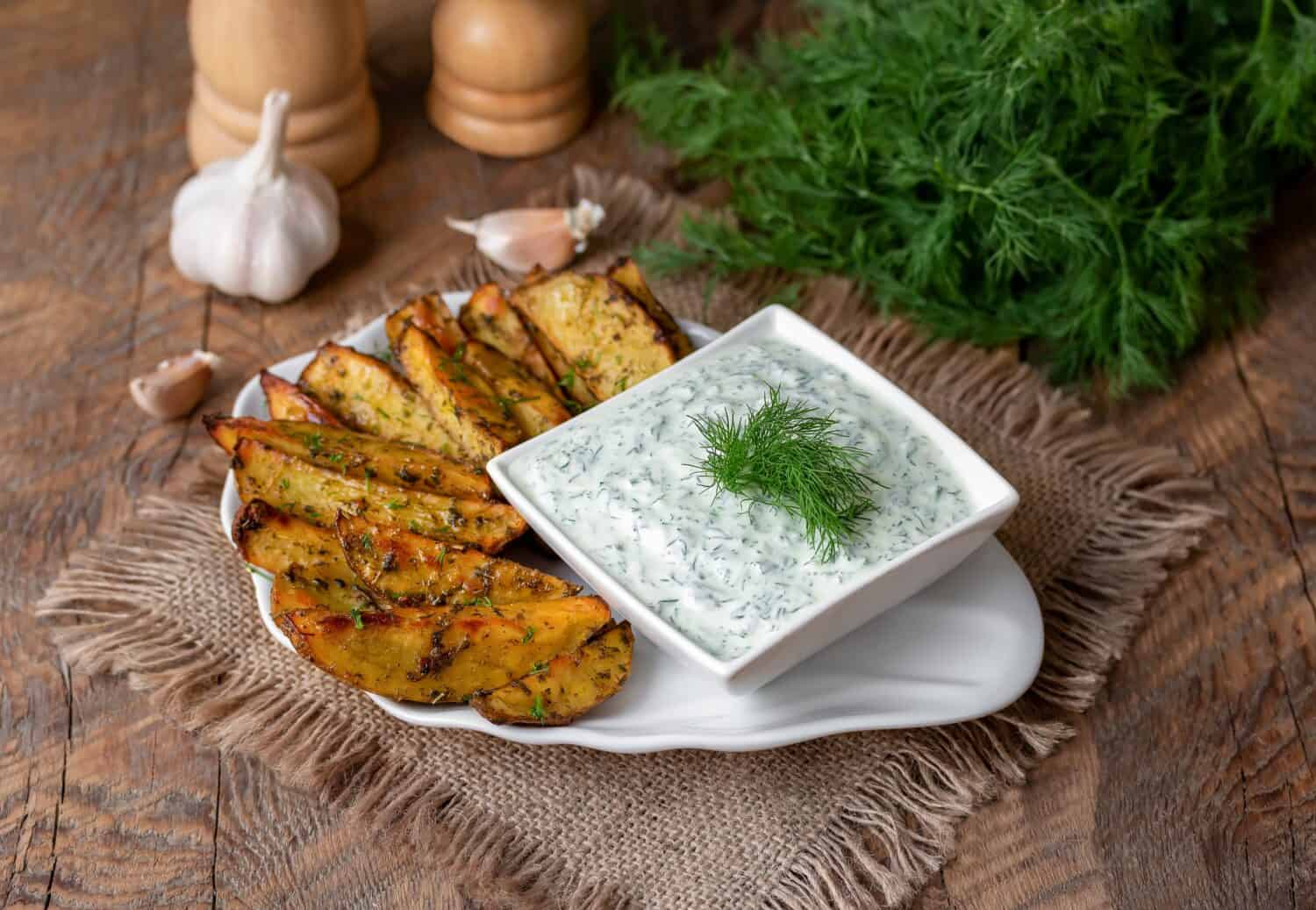 White dipping sauce. Golden oven roasted potato wedges with white garlic and herb dipping sauce on a plate. Selective focus, rustic style.