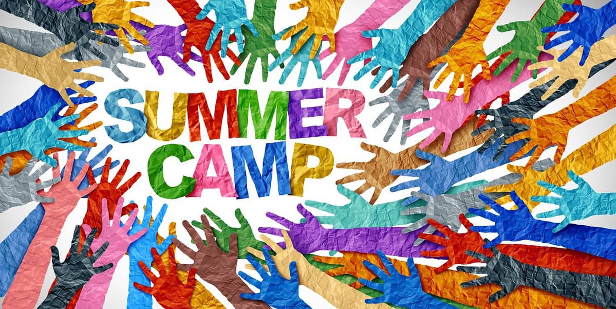 Summer Camp Community Education as a group of diverse hands joining together to represent diversity and learning.