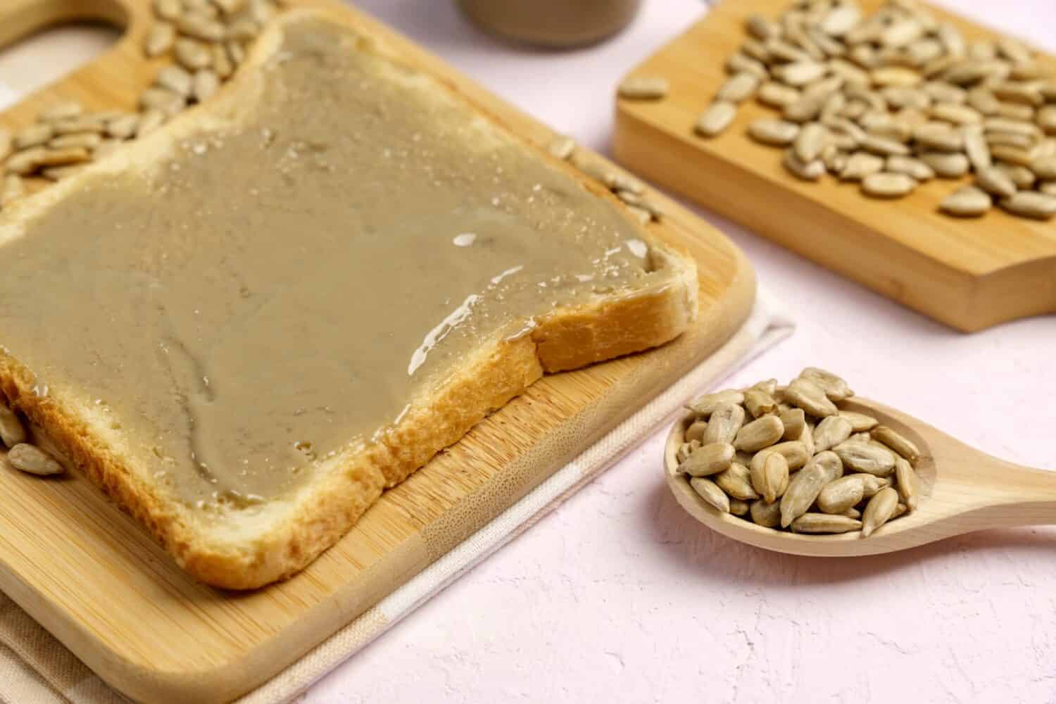 Toast bread with sunflower seeds. Sunflower butter is a new trend and a great alternative to nut butter