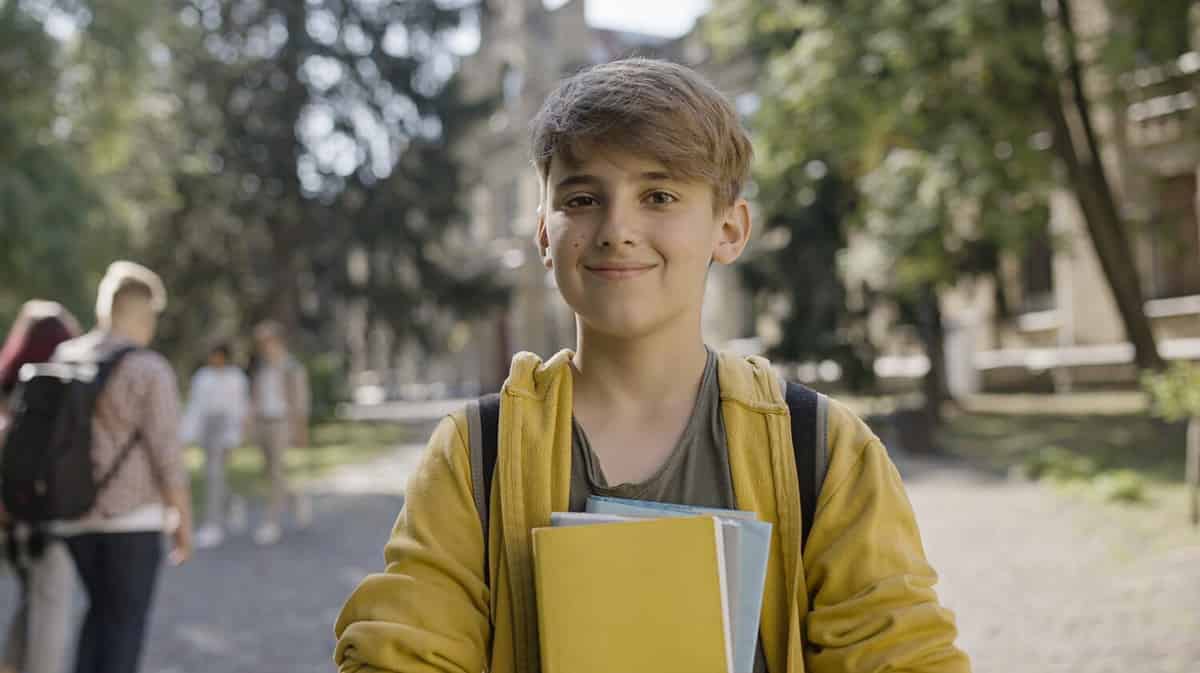 Nice middle school boy smiling on camera, holding books, ready for classes