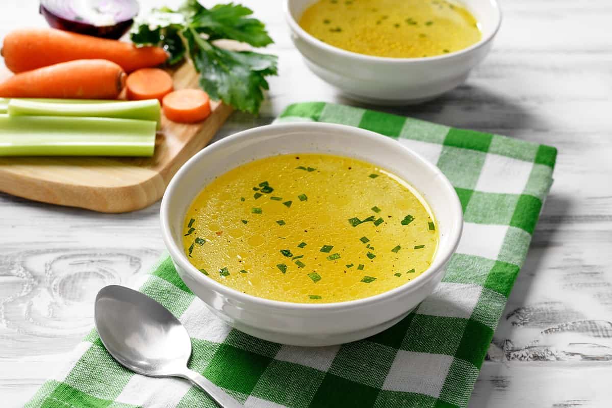 Chicken broth, stock or bouillon with vegetables