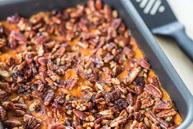 Homemade Mashed Sweet Potato Casserole with Caramelized Pecans for Thanksgiving Day
