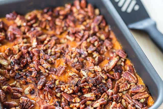 Homemade Mashed Sweet Potato Casserole with Caramelized Pecans for Thanksgiving Day