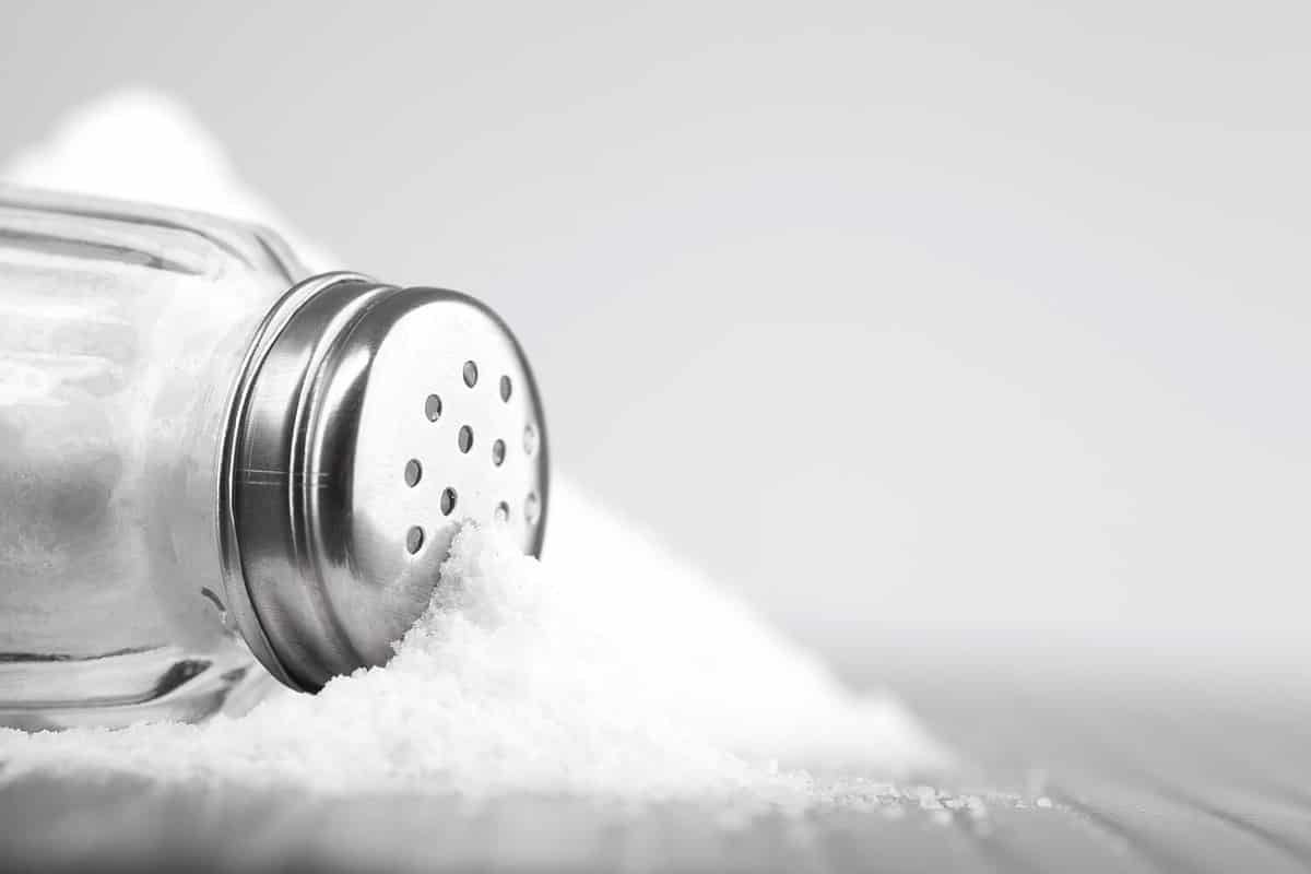 glass salt shaker on gray table and white background for text