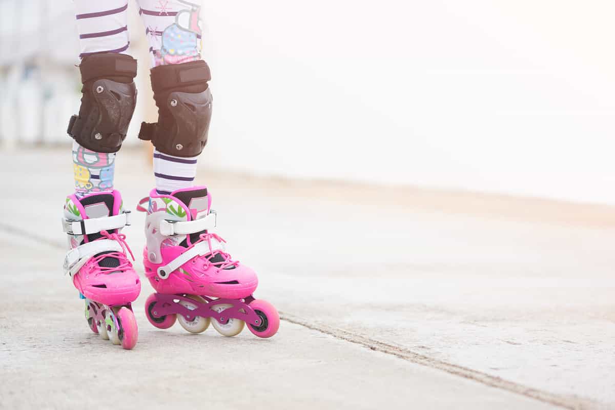 Roller skate legs close up in skatepark.Low section.Roller skates is extreme sport.