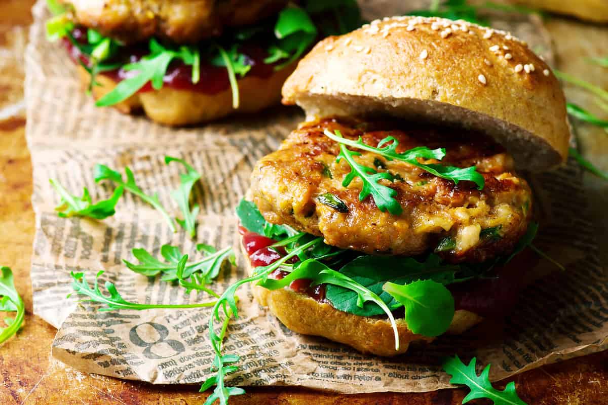 chicken, turkey cranberry burgers..style rustic .selective focus