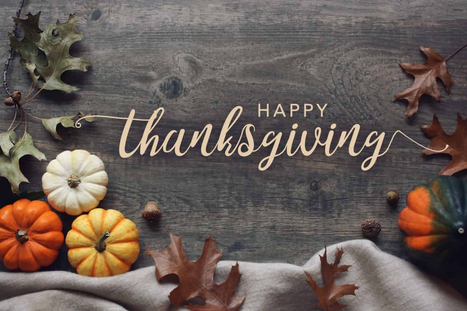 Happy Thanksgiving script with pumpkins and leaves over dark wooden background