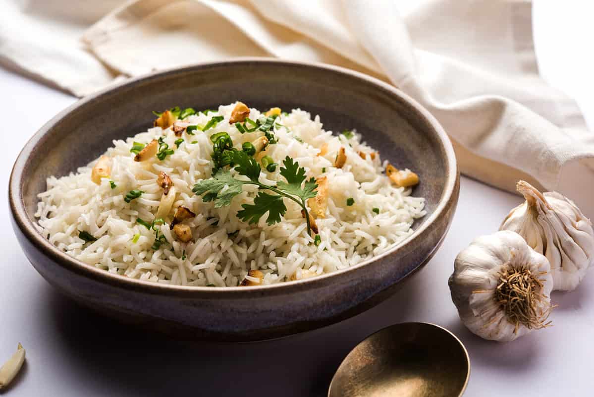A bowl of long-grain Basmati Rice, known for its high nutritional value. 