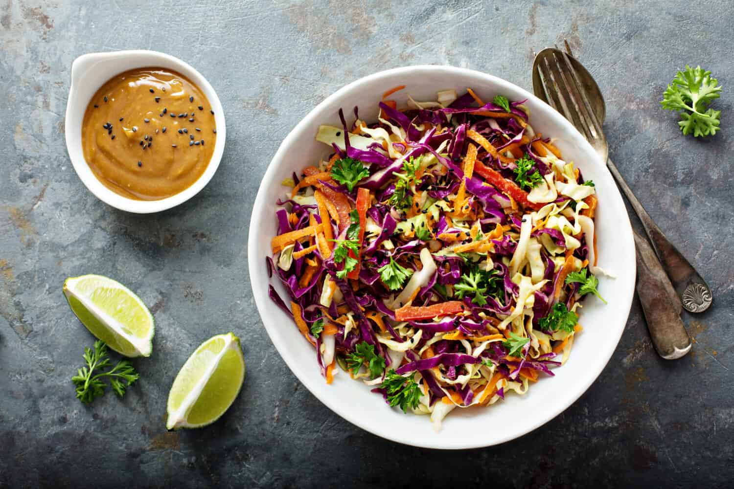 Asian cole slaw with sesame and peanut butter dressing