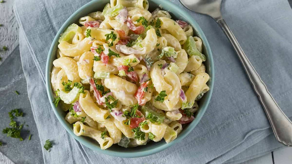 Yummy Homemade Macaroni Salad with Tomato Onion Celery and Parsley