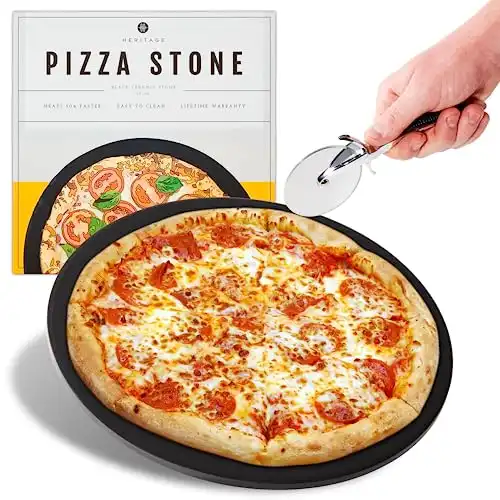 Heritage Pizza Stone, 15 inch Ceramic Baking Stones for Oven Use - Non-Stick, No Stain Pan & Cutter