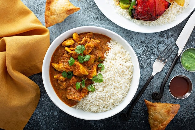 Chicken curry with jasmine rice, indian food concept