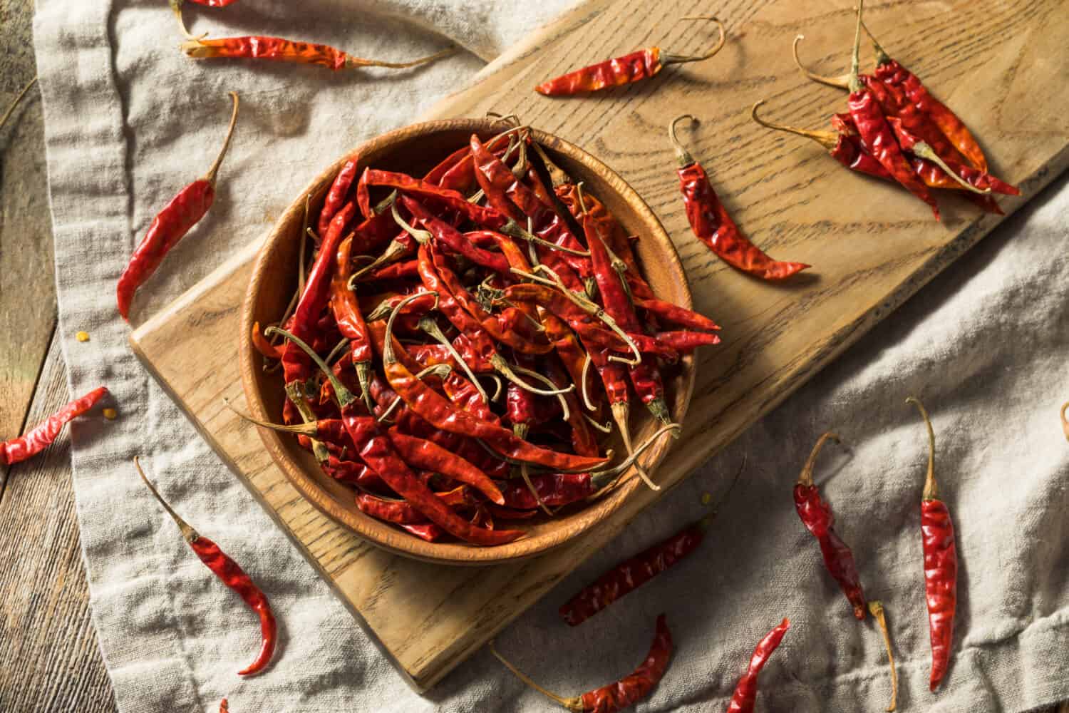 Raw Red Organic Chile de Arbol Peppers in a Bowl