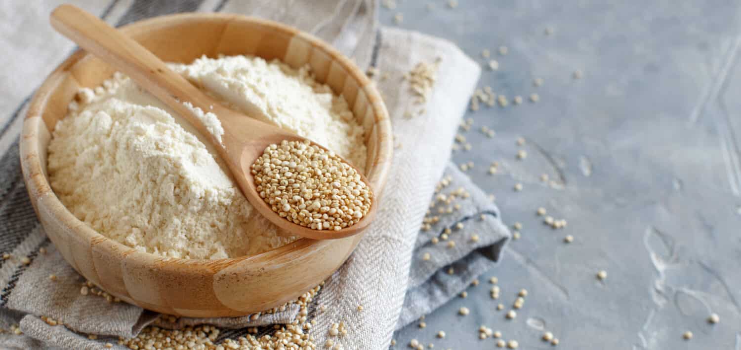 Raw dry white quinoa flour seeds  on a grey table close up