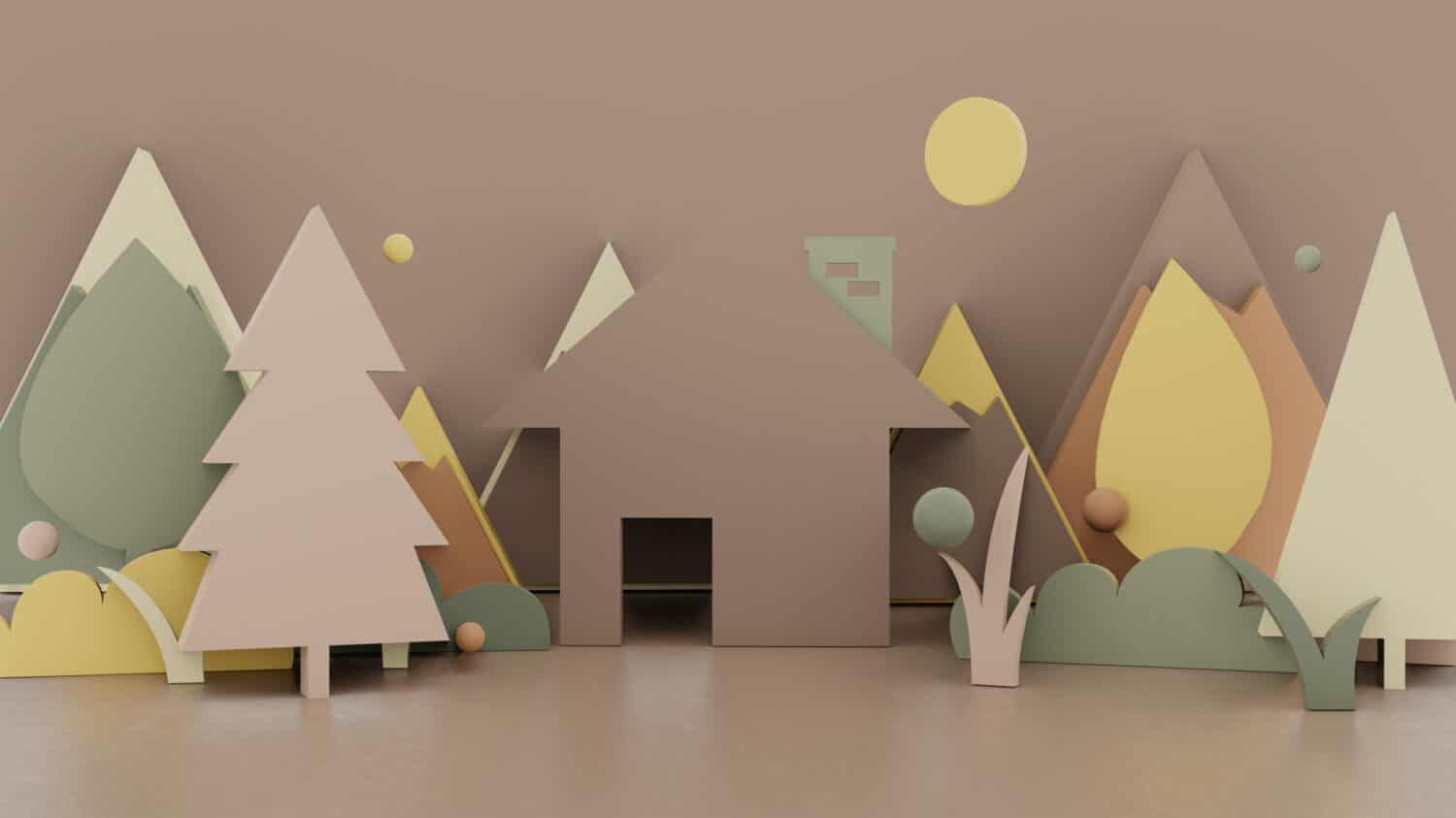 3d papercut house and tree scene with mountain and grass