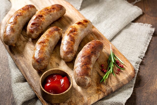 Grilled sausages with spices on a wooden serving Board